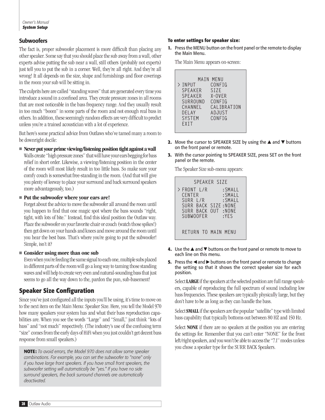 Outlaw Audio 970 Speaker Size Configuration, Subwoofers, Speaker Size sub-menu appears, To enter settings for speaker size 