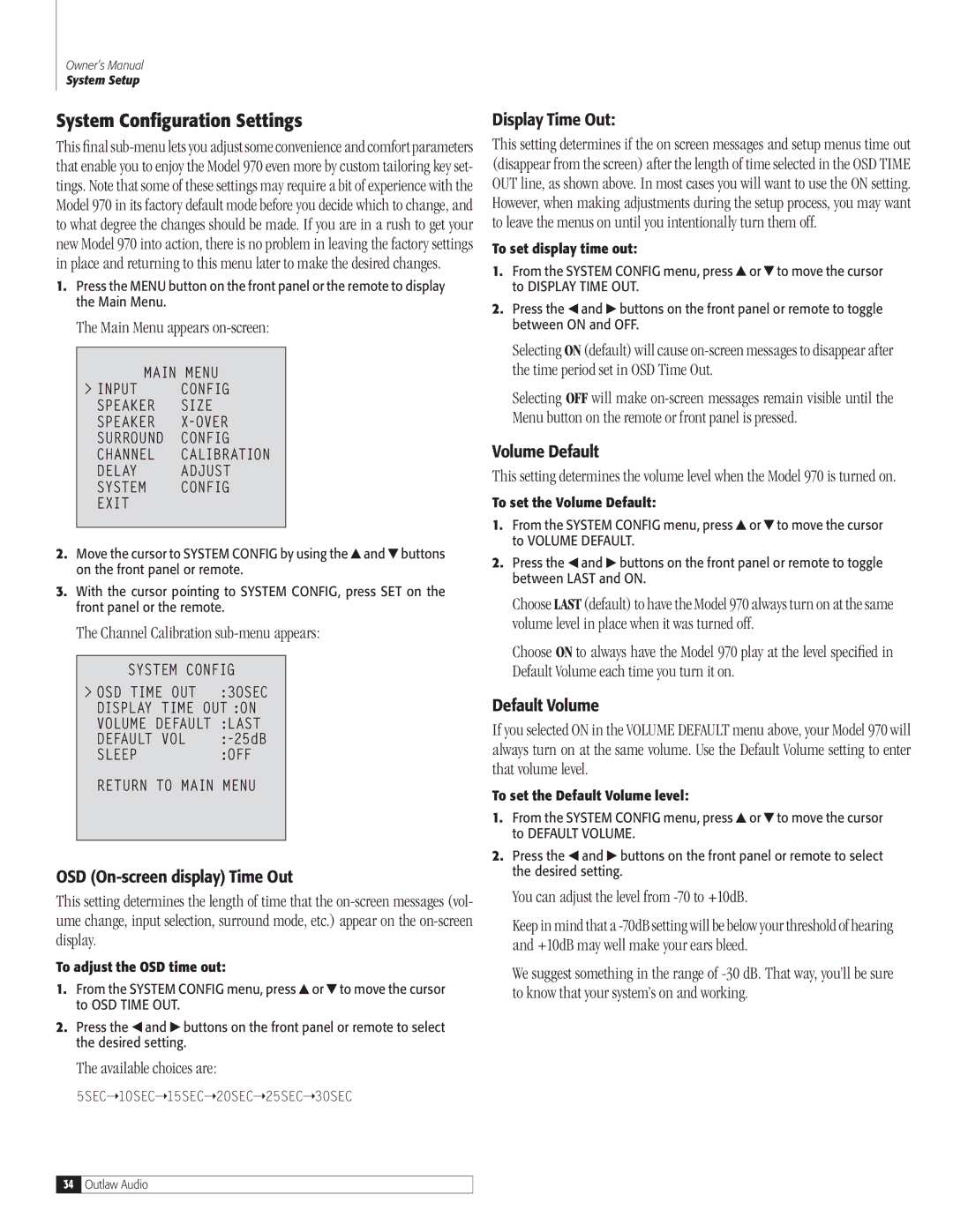 Outlaw Audio 970 System Configuration Settings, Available choices are, You can adjust the level from -70 to +10dB 