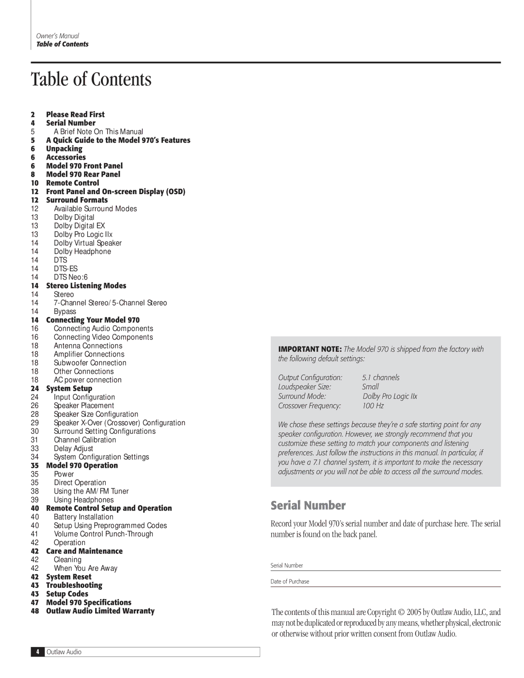 Outlaw Audio 970 owner manual Table of Contents 