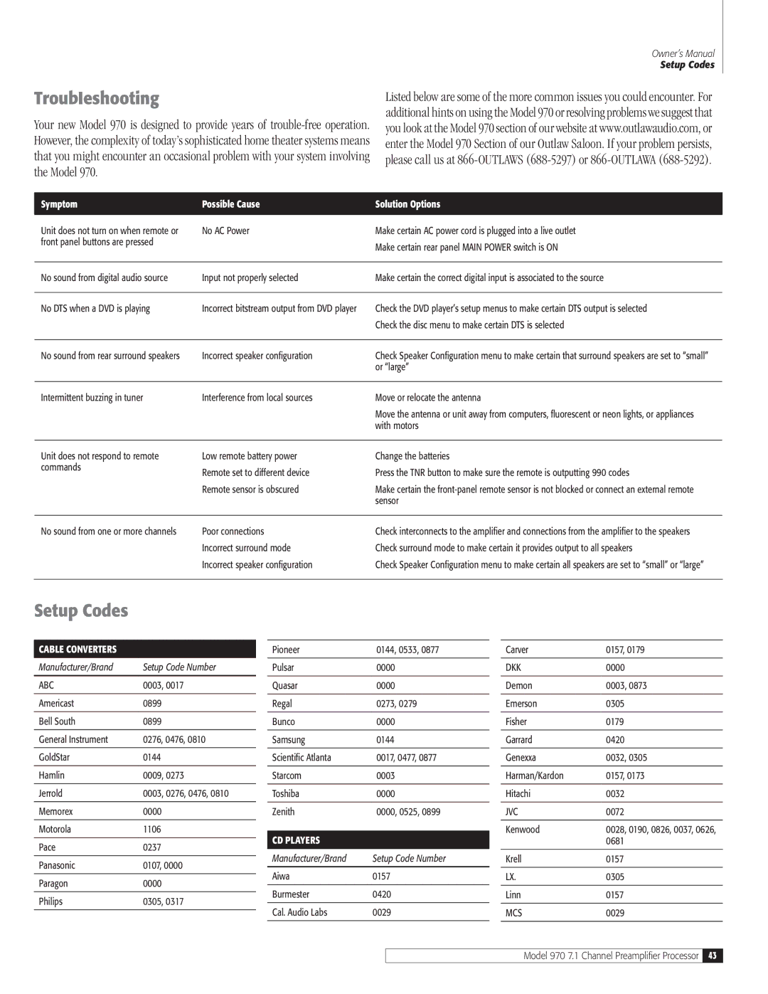 Outlaw Audio 970 owner manual TroubIeshooting, Setup Codes 