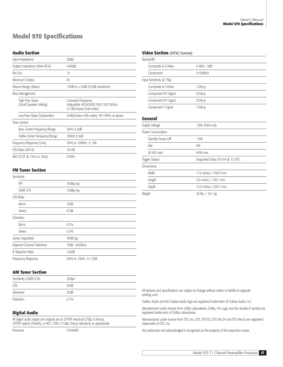 Outlaw Audio owner manual Model 970 Specifications 