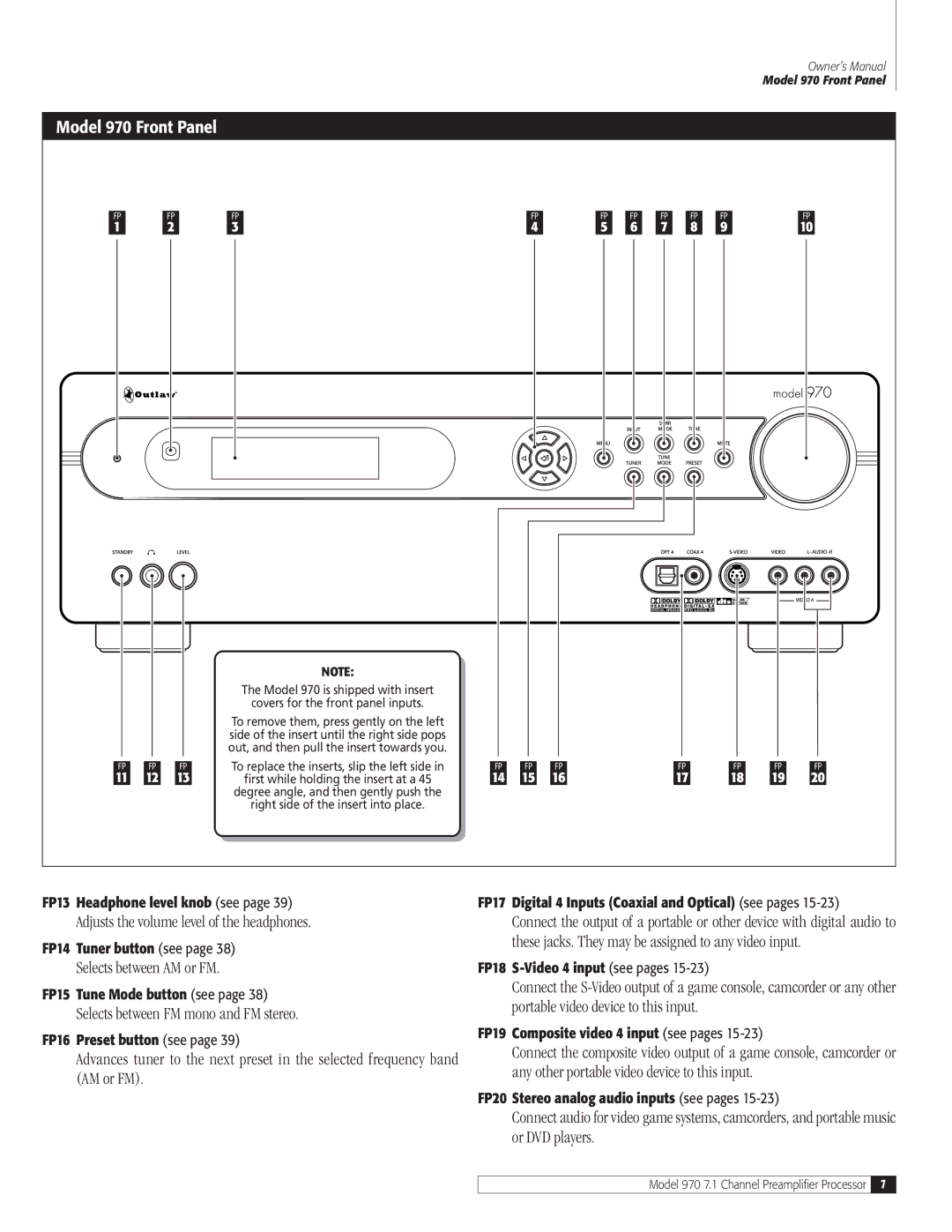 Outlaw Audio owner manual Model 970 Front Panel, Adjusts the volume level of the headphones, Selects between AM or FM 