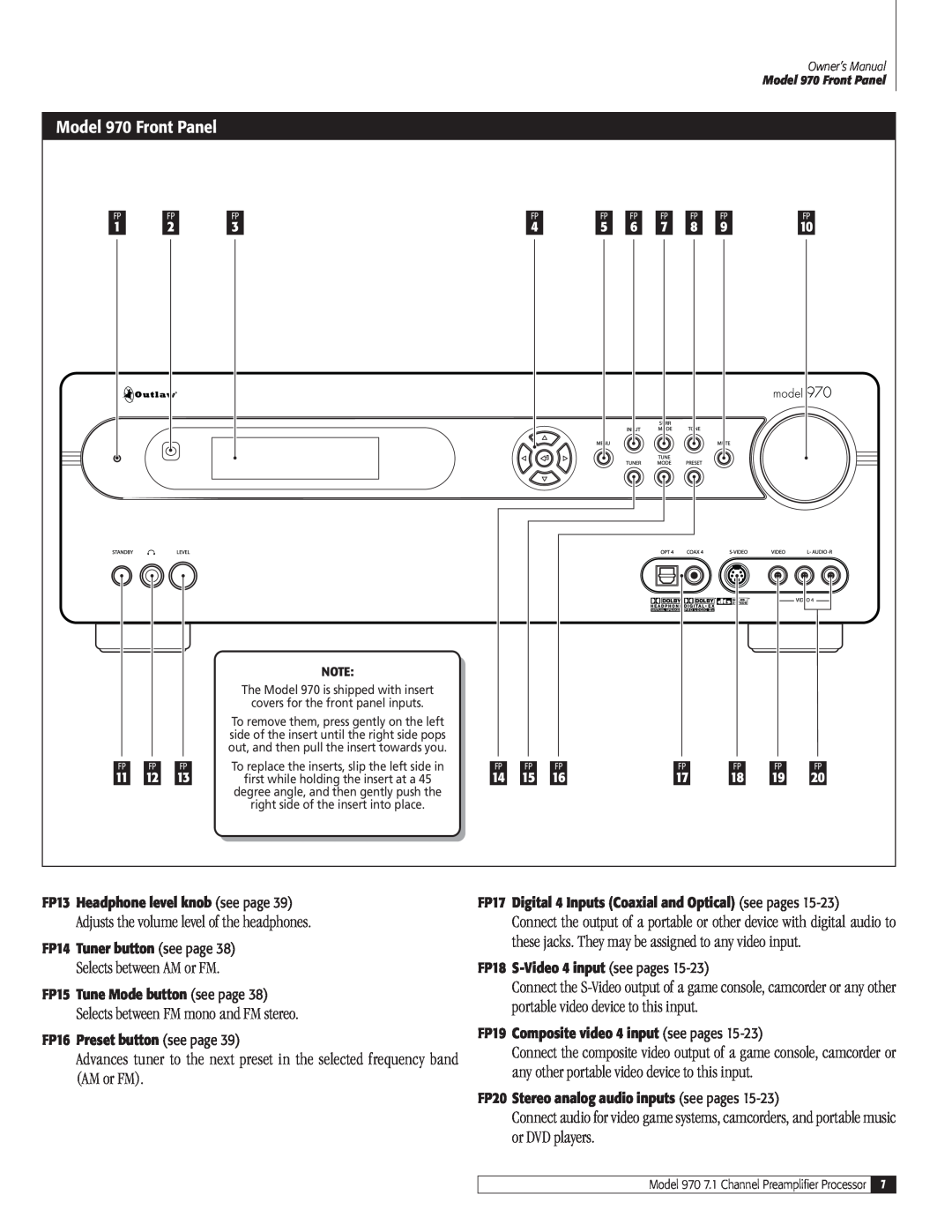 Outlaw Audio owner manual Model 970 Front Panel, Adjusts the volume level of the headphones, Selects between AM or FM 