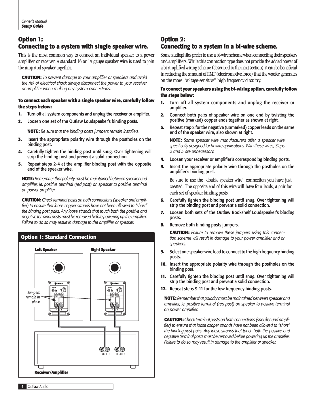 Outlaw Audio BLS-B(C) owner manual Option Connecting to a system with single speaker wire, Option 1 Standard Connection 