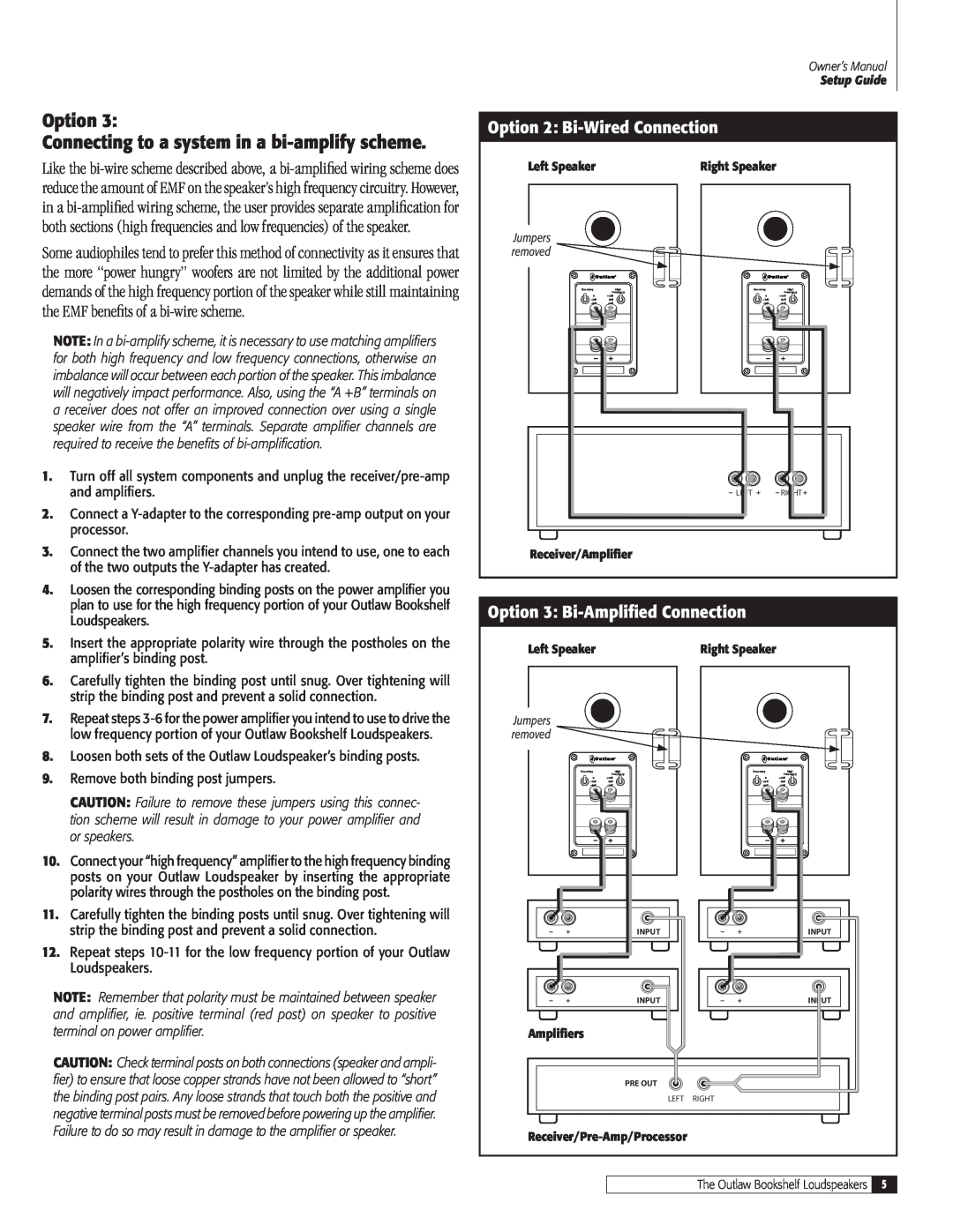 Outlaw Audio BLS-B(C) owner manual Option Connecting to a system in a bi-amplify scheme, Option 2 Bi-Wired Connection 