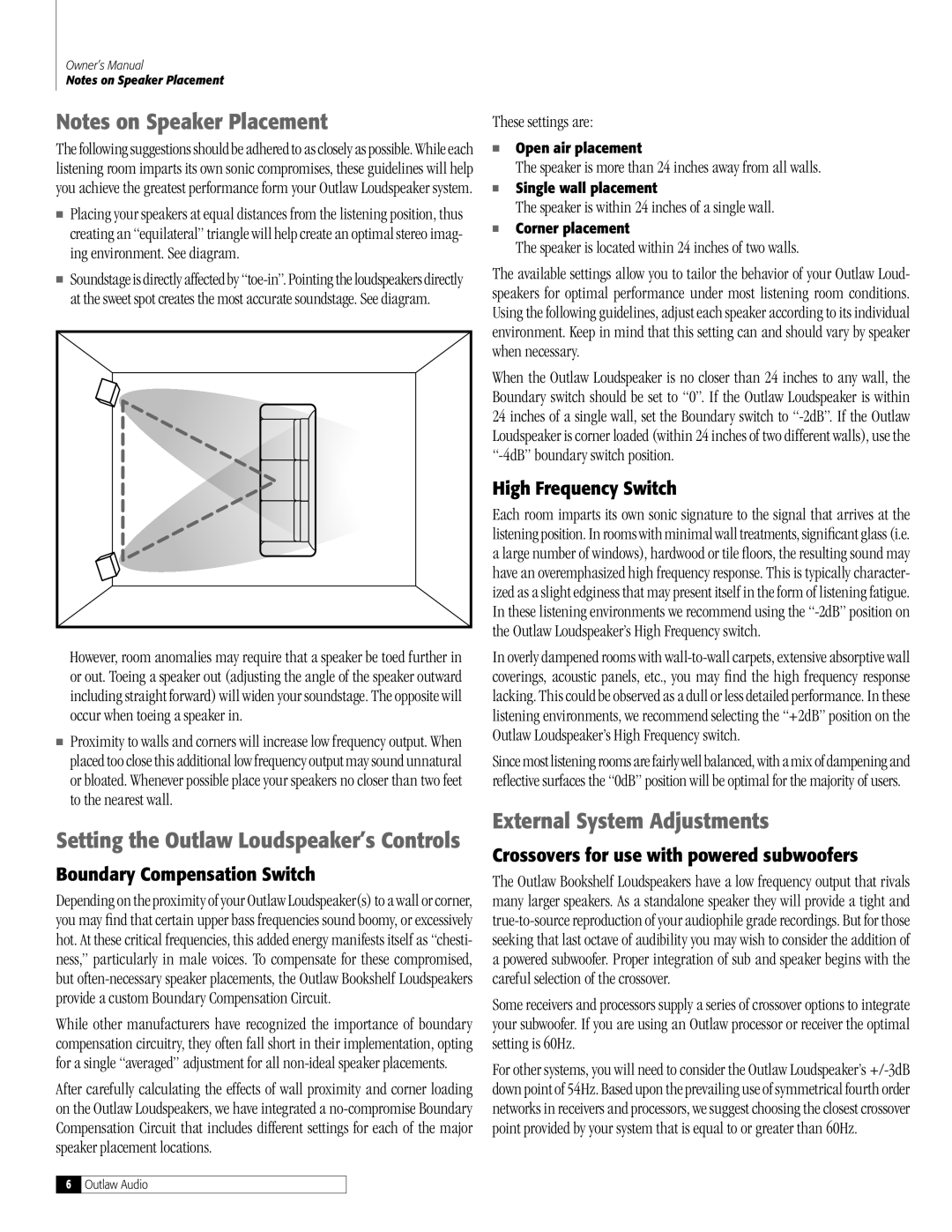 Outlaw Audio BLS-B(C) owner manual Notes on Speaker Placement, External System Adjustments, Boundary Compensation Switch 