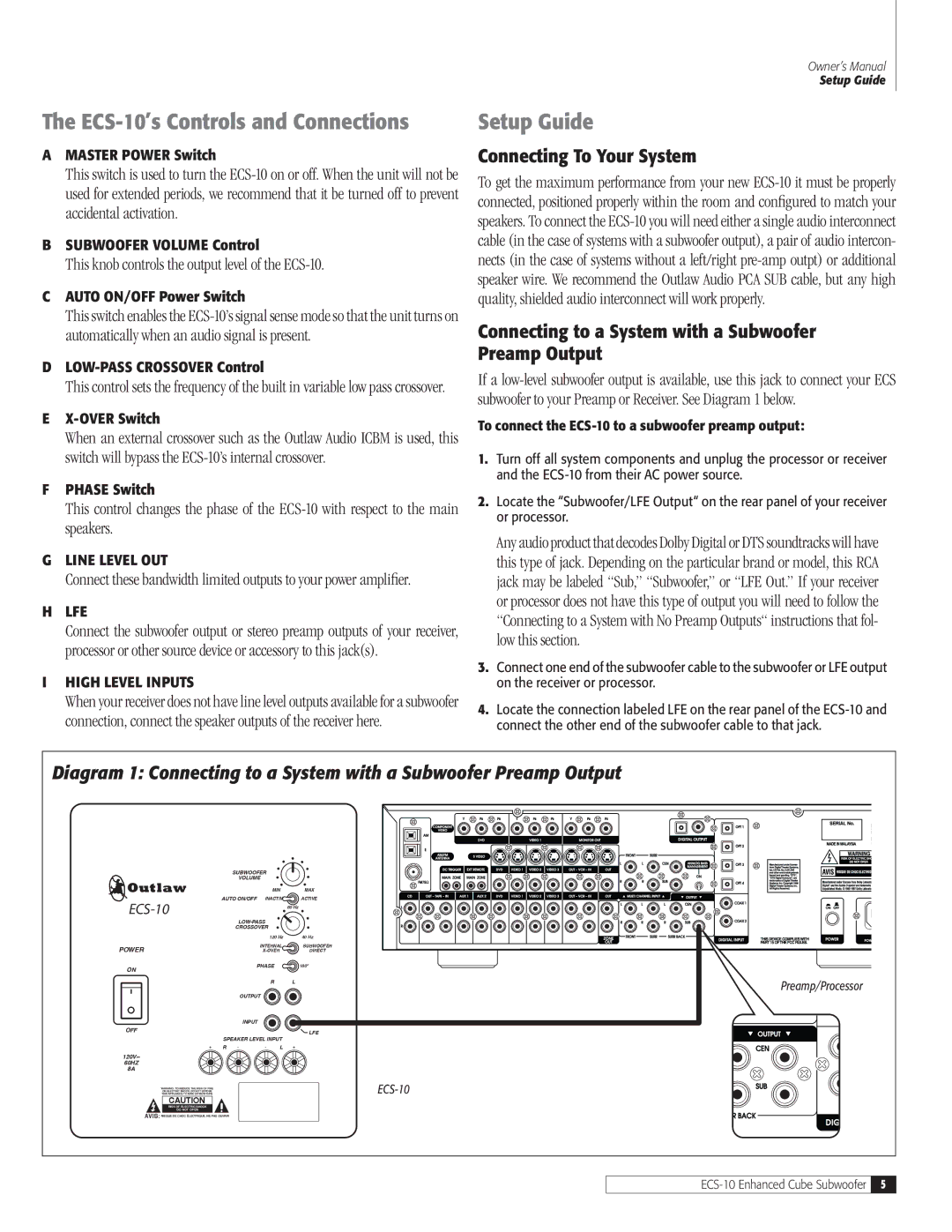 Outlaw Audio owner manual ECS-10’s Controls and Connections, Setup Guide, Connecting To Your System 