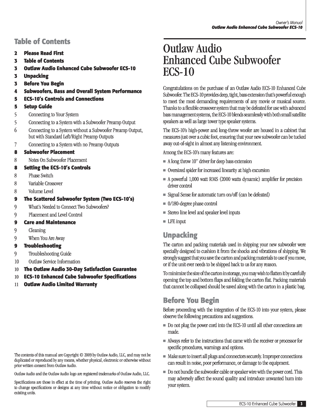 Outlaw Audio owner manual Table of Contents, Unpacking, Before You Begin, Outlaw Audio Enhanced Cube Subwoofer ECS-10 