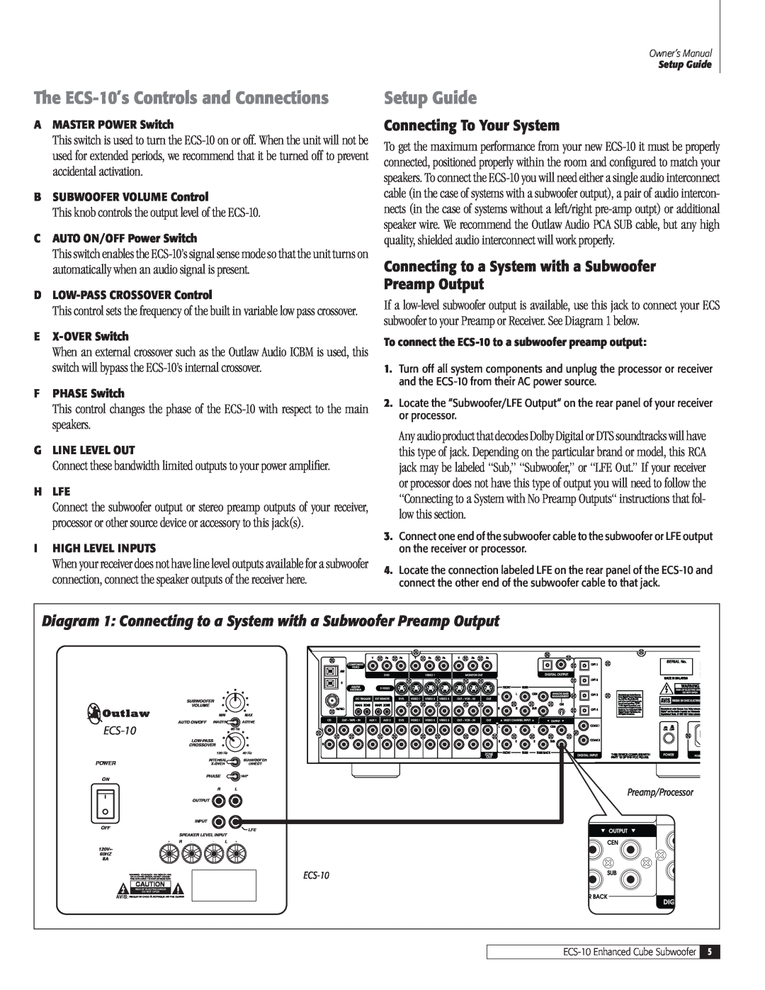 Outlaw Audio owner manual The ECS-10’sControls and Connections, Setup Guide, Connecting To Your System 