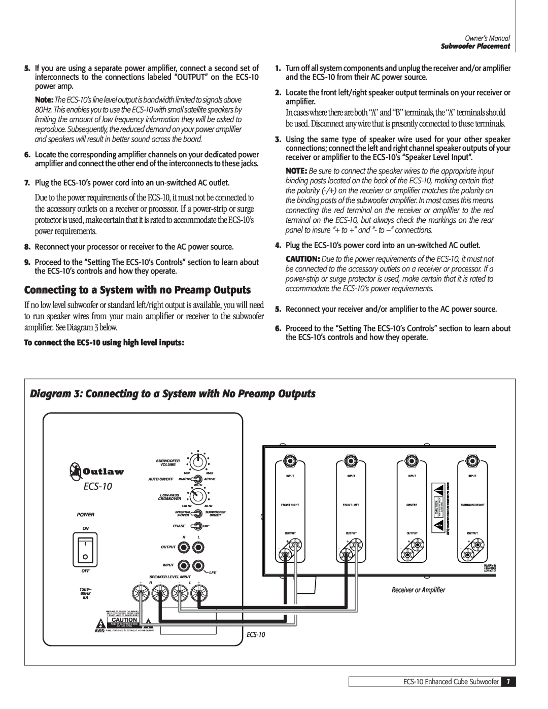 Outlaw Audio ECS-10 owner manual Connecting to a System with no Preamp Outputs 