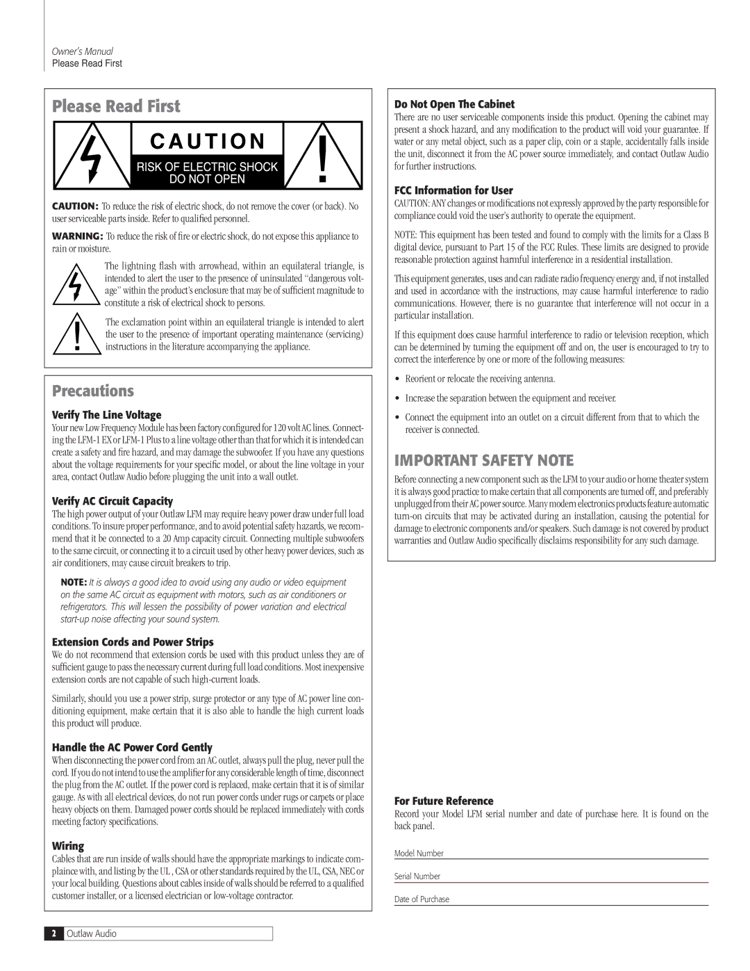 Outlaw Audio LFM-1EX, LFM-1Plus owner manual Please Read First 