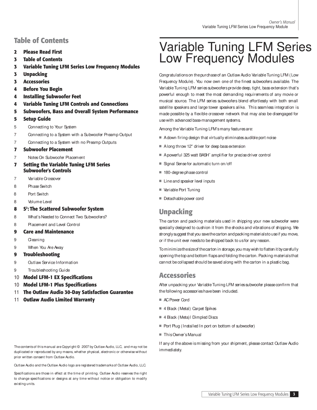 Outlaw Audio LFM-1Plus, LFM-1EX owner manual Table of Contents, Unpacking, Accessories 