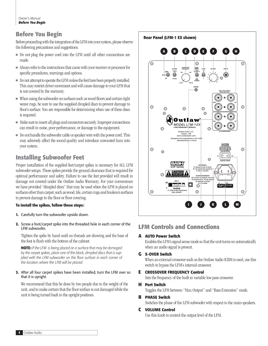 Outlaw Audio LFM-1EX, LFM-1Plus owner manual Before You Begin, Installing Subwoofer Feet, LFM Controls and Connections 