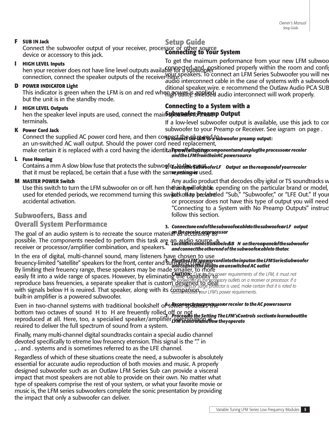 Outlaw Audio LFM-1Plus, LFM-1EX Subwoofers, Bass Overall System Performance, Setup Guide, Connecting to Your System 