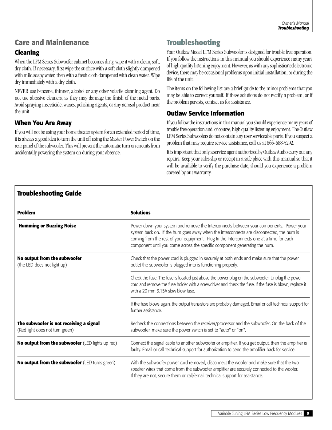 Outlaw Audio LFM-1Plus, LFM-1EX owner manual Care and Maintenance, Troubleshooting 