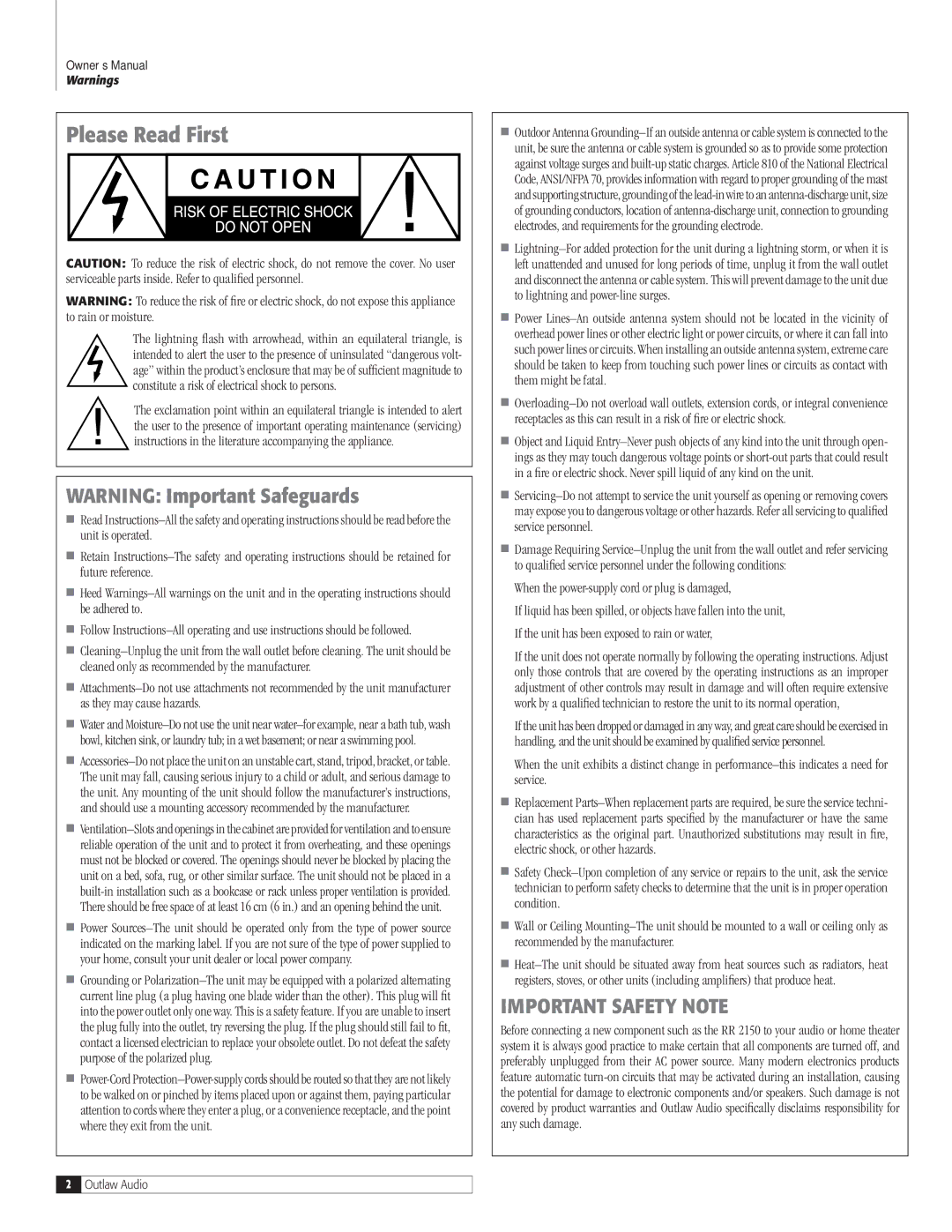 Outlaw Audio RR 2150 owner manual Please Read First, When the power-supply cord or plug is damaged 