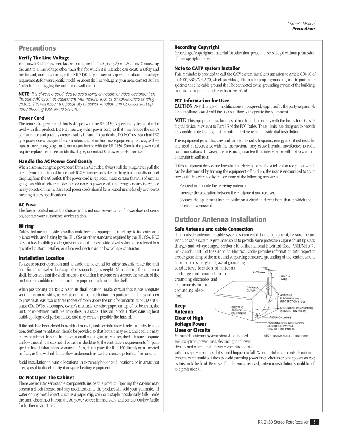 Outlaw Audio RR 2150 Verify The Line Voltage, Handle the AC Power Cord Gently, AC Fuse, Wiring, Installation Location 