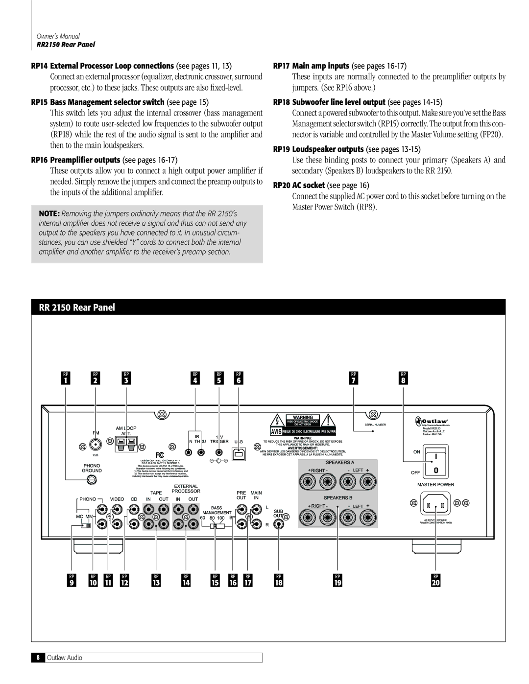 Outlaw Audio RR 2150 owner manual RP15 Bass Management selector switch see, RP18 Subwoofer line level output see pages 