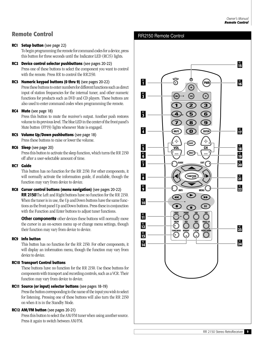 Outlaw Audio RR 2150 owner manual Remote Control, Press these buttons to raise or lower the volume 