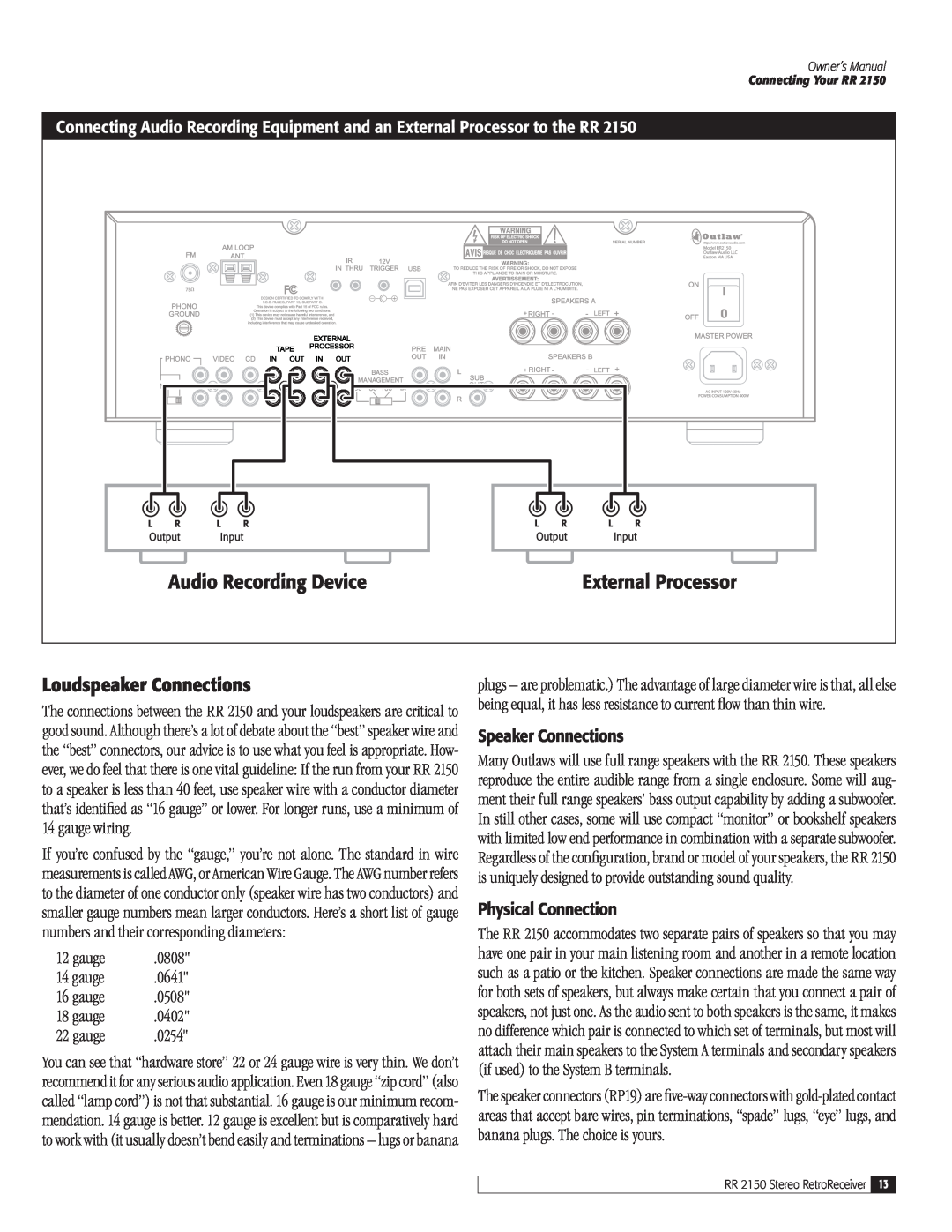 Outlaw Audio RR 2150 owner manual Loudspeaker Connections, Speaker Connections, Physical Connection, gauge 