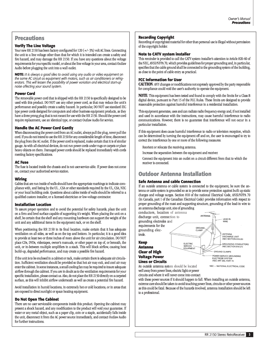 Outlaw Audio RR 2150 owner manual Precautions, Outdoor Antenna Installation 