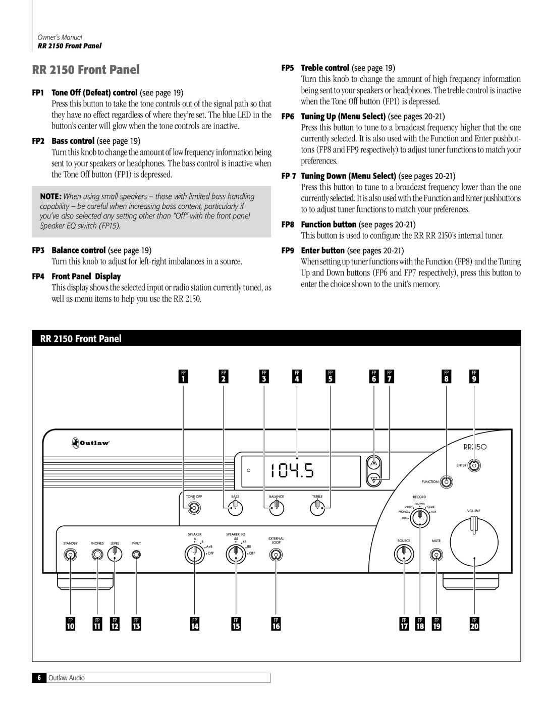 Outlaw Audio owner manual RR 2150 Front Panel, FP1 Tone Off Defeat control see page, FP2 Bass control see page 