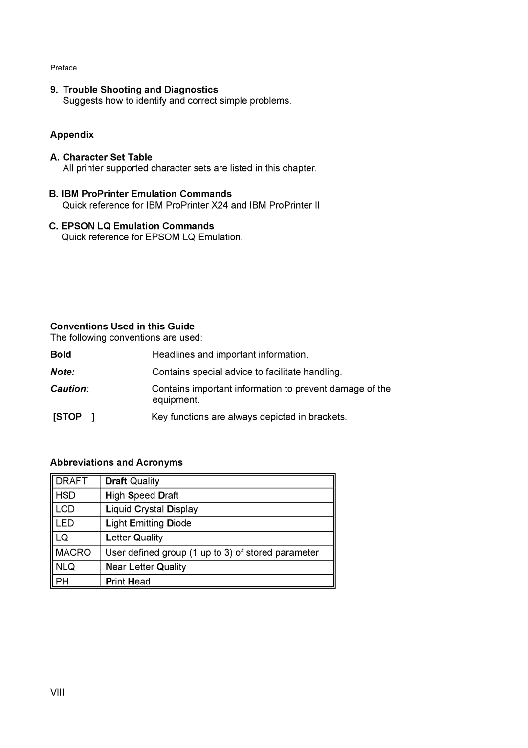 Output Solutions 650 Trouble Shooting and Diagnostics, Appendix Character Set Table, IBM ProPrinter Emulation Commands 