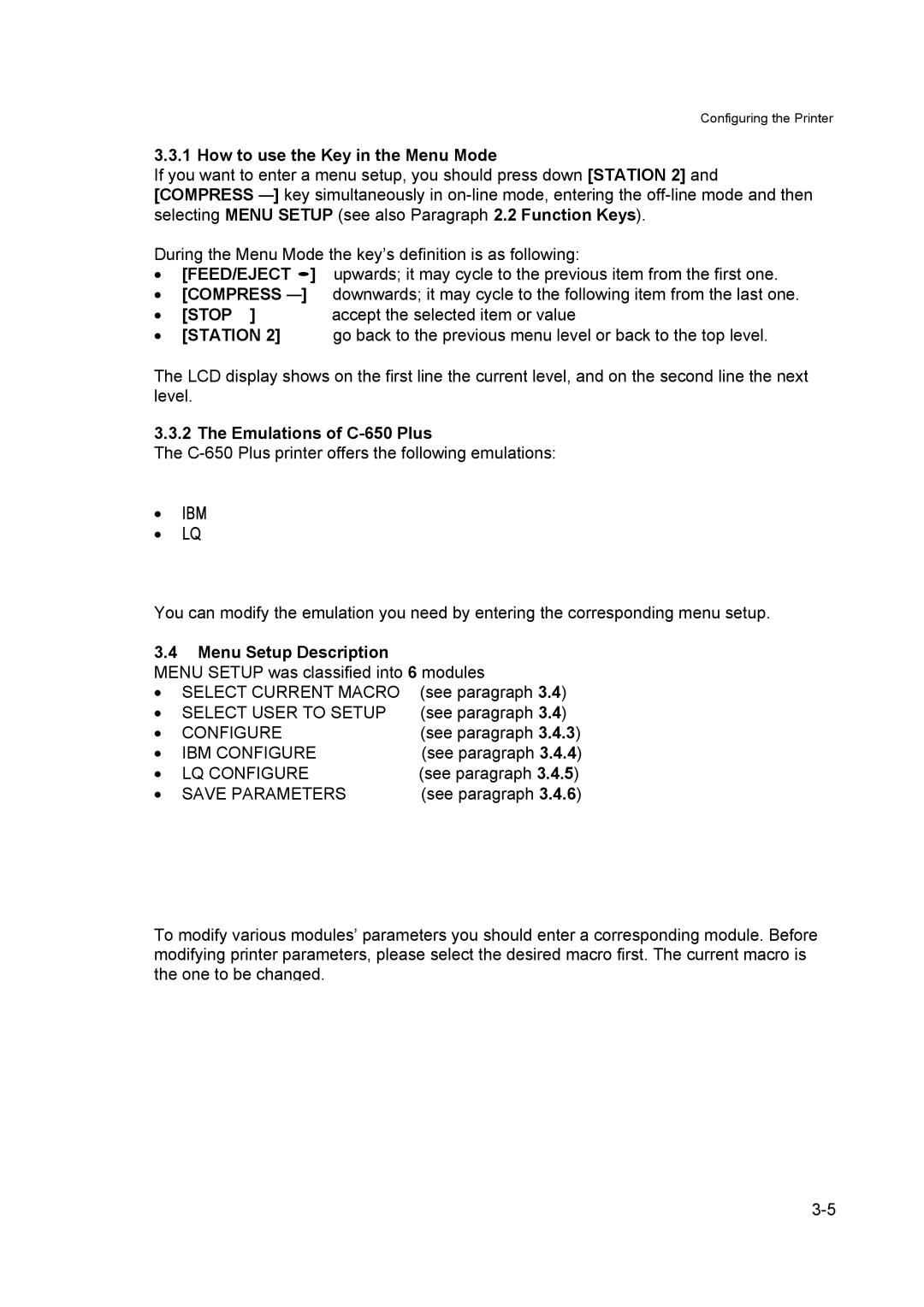 Output Solutions manual How to use the Key in the Menu Mode, Emulations of C-650 Plus, Ibm, Menu Setup Description 