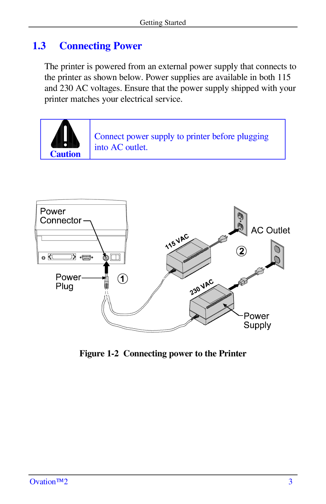 Ovation Software Label Printer manual Connecting Power, Connecting power to the Printer 