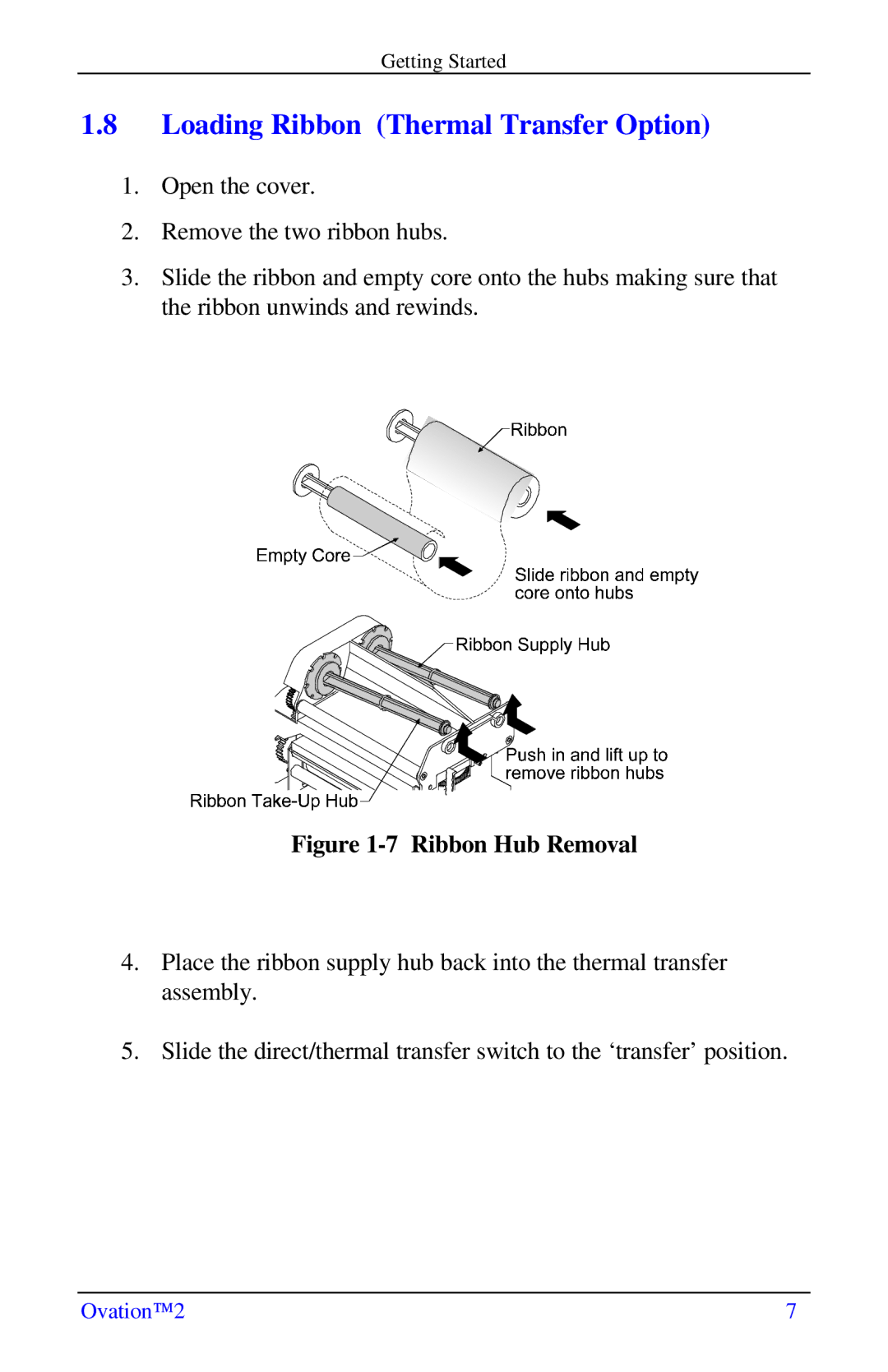 Ovation Software Label Printer manual Loading Ribbon Thermal Transfer Option, Ribbon Hub Removal 