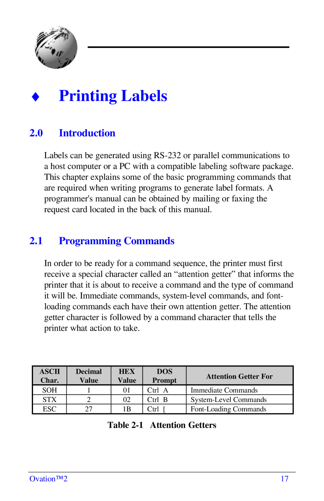 Ovation Software Label Printer manual Printing Labels, Programming Commands 