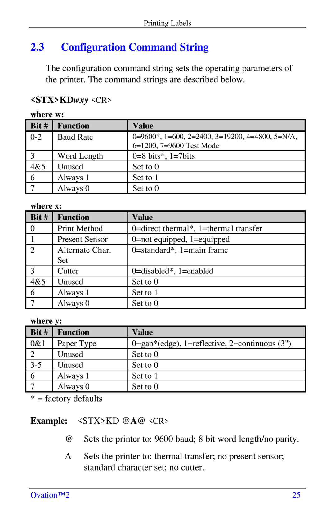 Ovation Software Label Printer manual Configuration Command String, Example Stxkd @A@ CR 