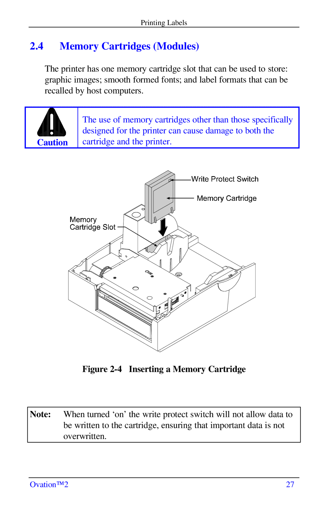 Ovation Software Label Printer manual Memory Cartridges Modules, Inserting a Memory Cartridge 