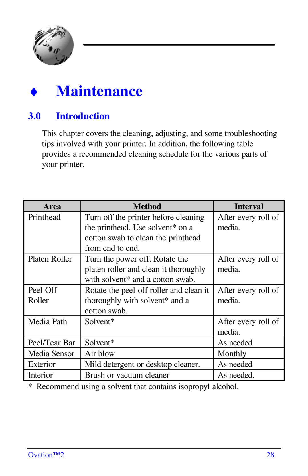 Ovation Software Label Printer manual Maintenance, Area Method Interval 