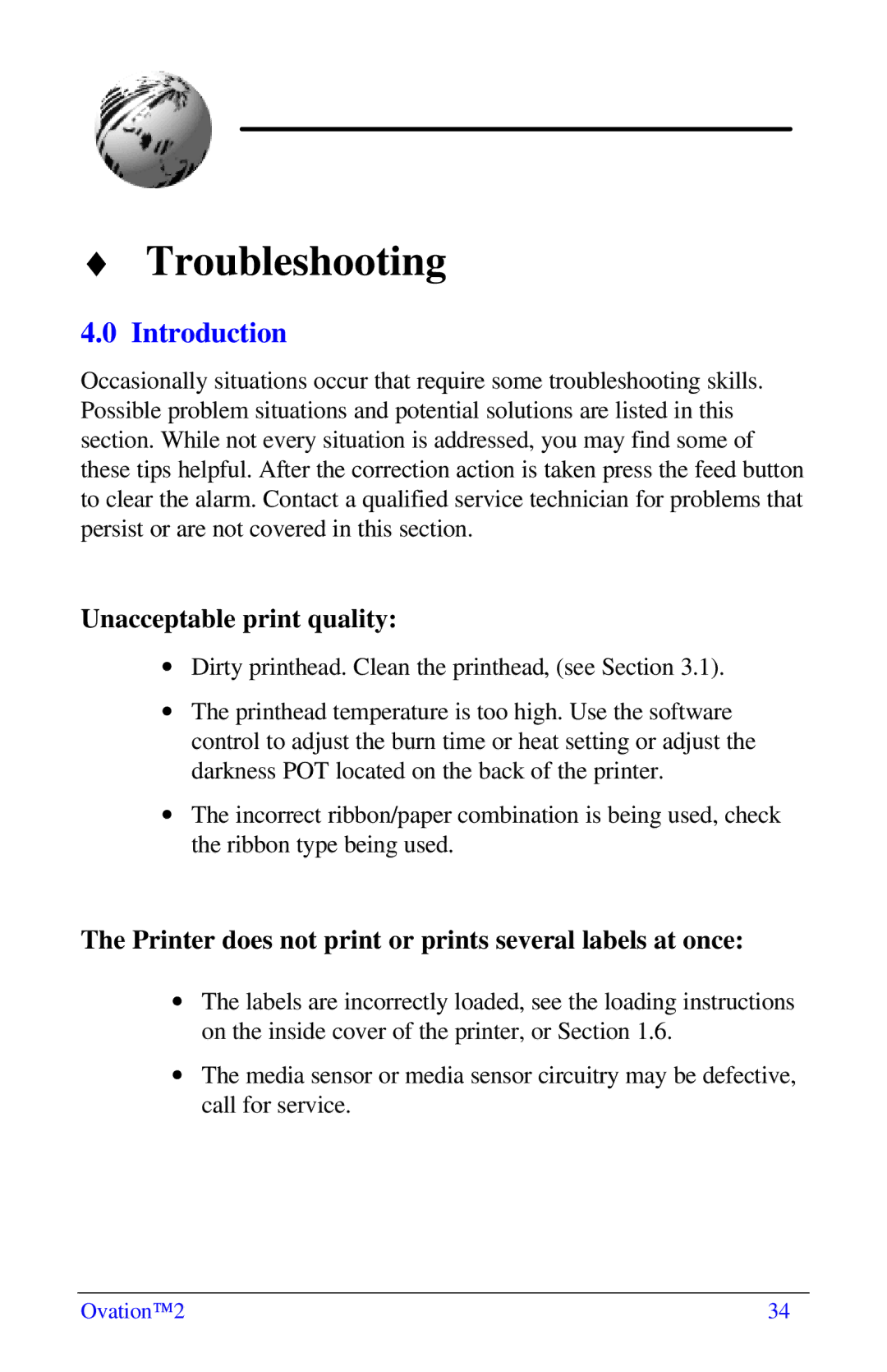 Ovation Software Label Printer manual Troubleshooting 