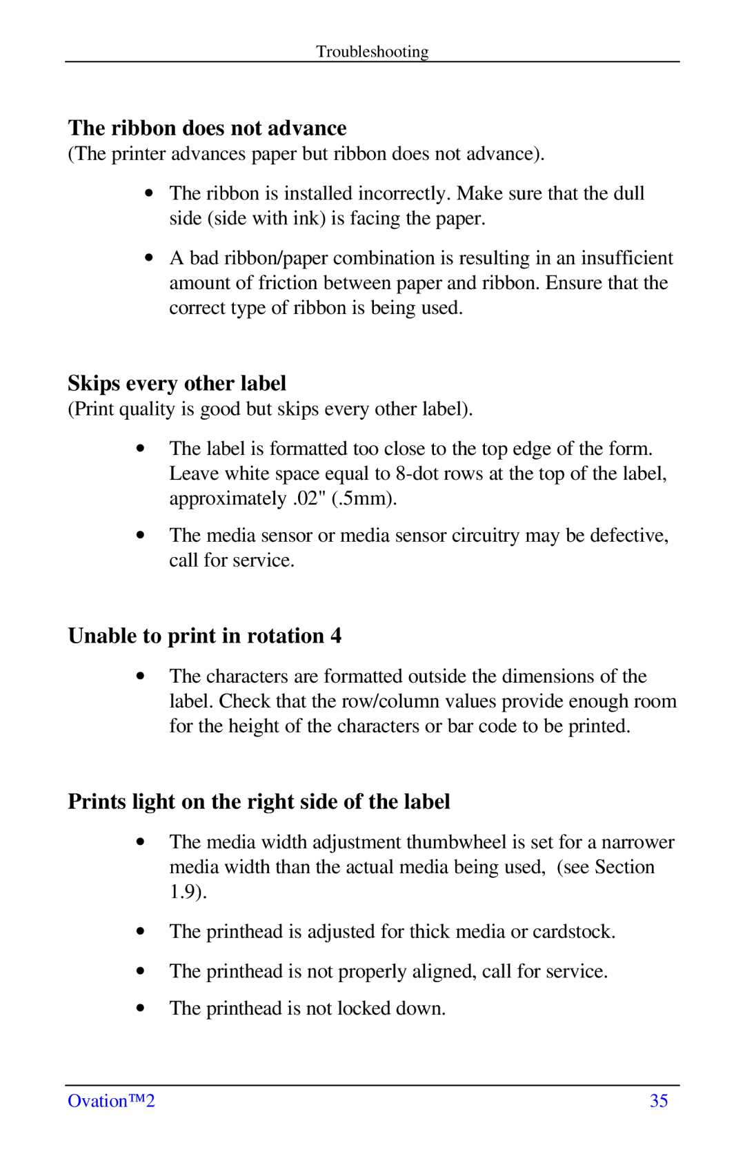 Ovation Software Label Printer manual Ribbon does not advance 