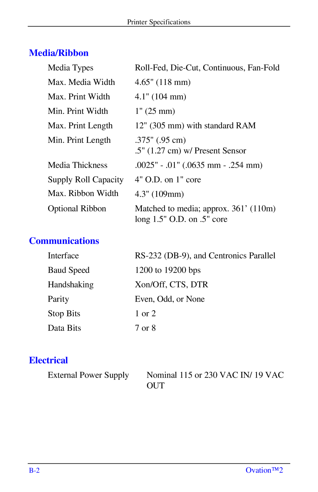 Ovation Software Label Printer manual Electrical 