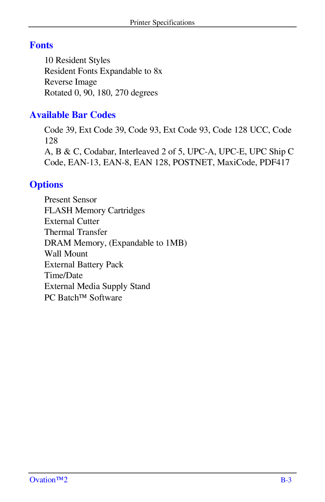 Ovation Software Label Printer manual Available Bar Codes 