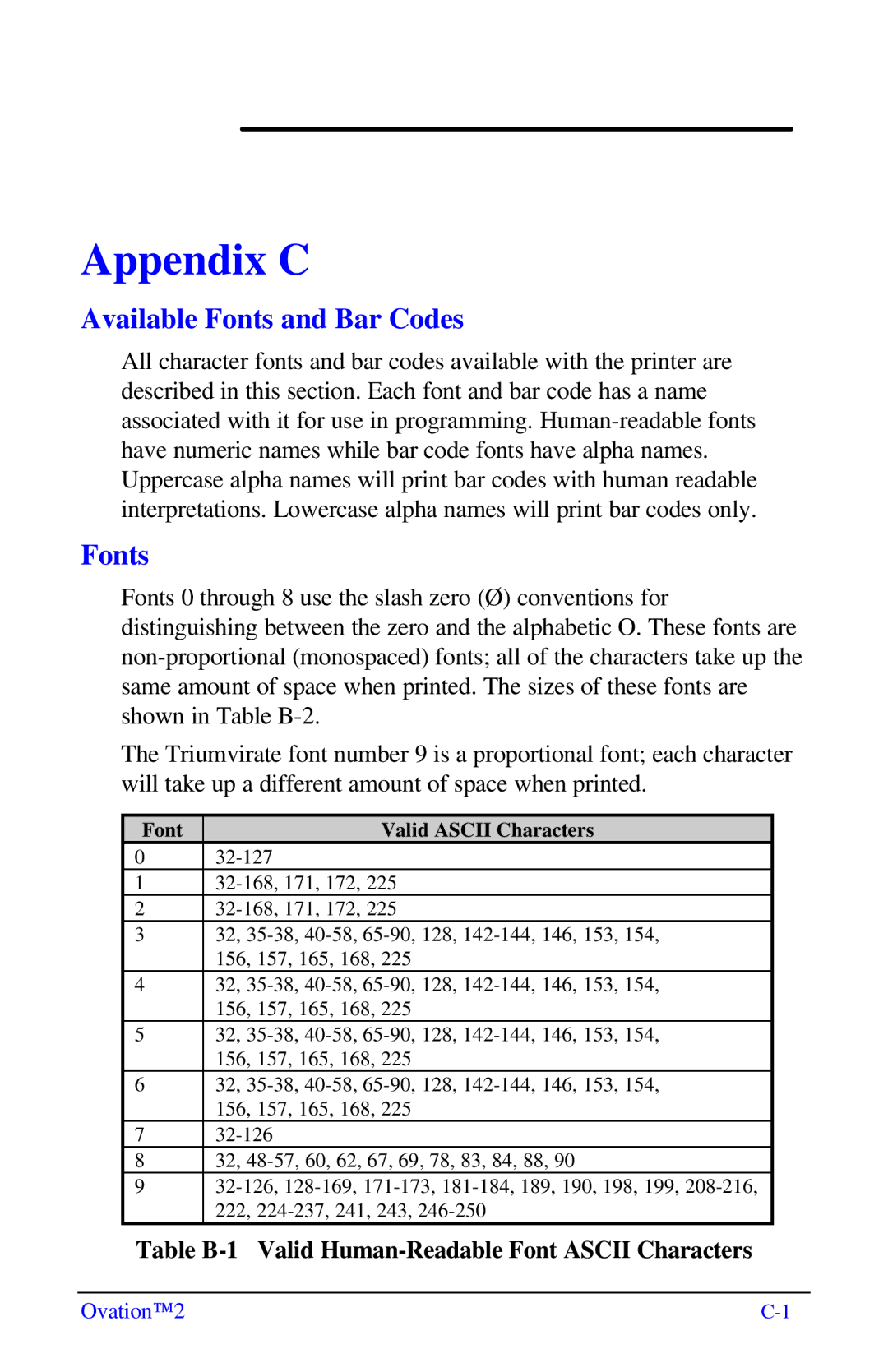 Ovation Software Label Printer manual Available Fonts and Bar Codes, Table B-1 Valid Human-Readable Font Ascii Characters 