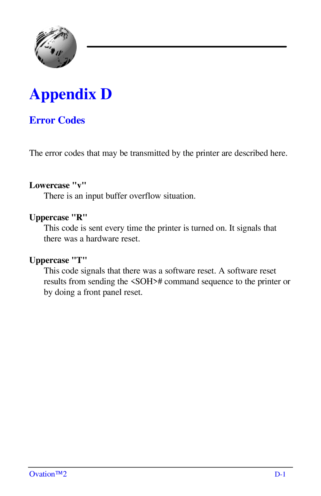 Ovation Software Label Printer manual Error Codes, Lowercase, Uppercase R, Uppercase T 