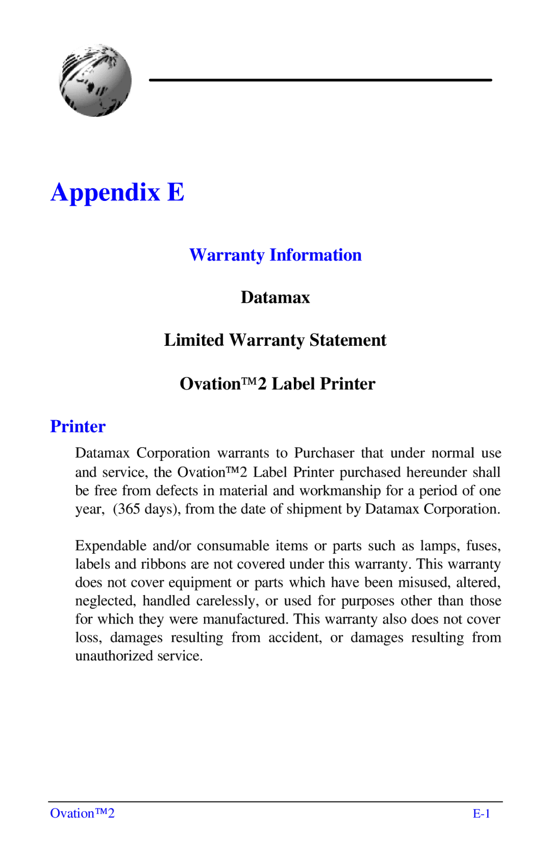 Ovation Software Label Printer manual Warranty Information 