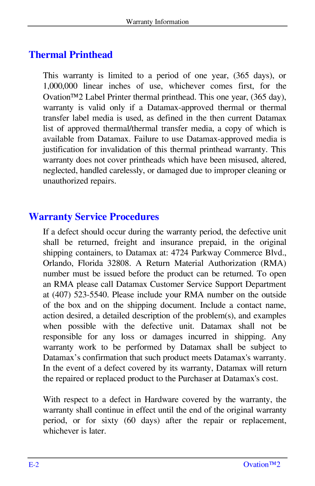 Ovation Software Label Printer manual Thermal Printhead, Warranty Service Procedures 