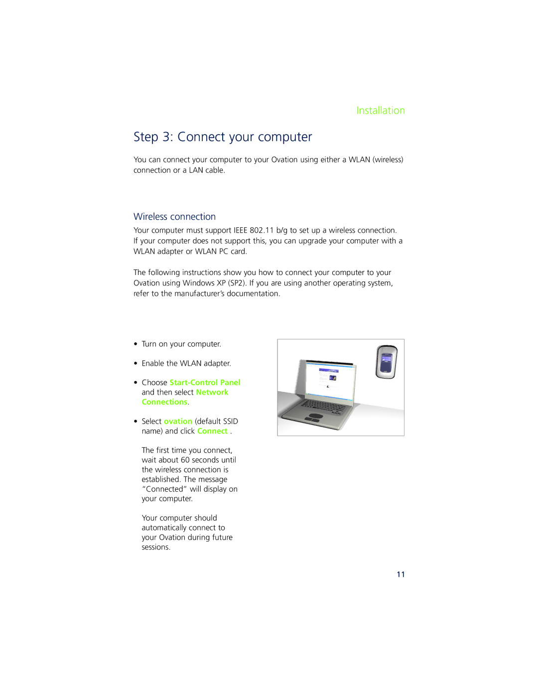 Ovation Software Ovation user manual Connect your computer, Choose Startol Panel and then select Network Connections 