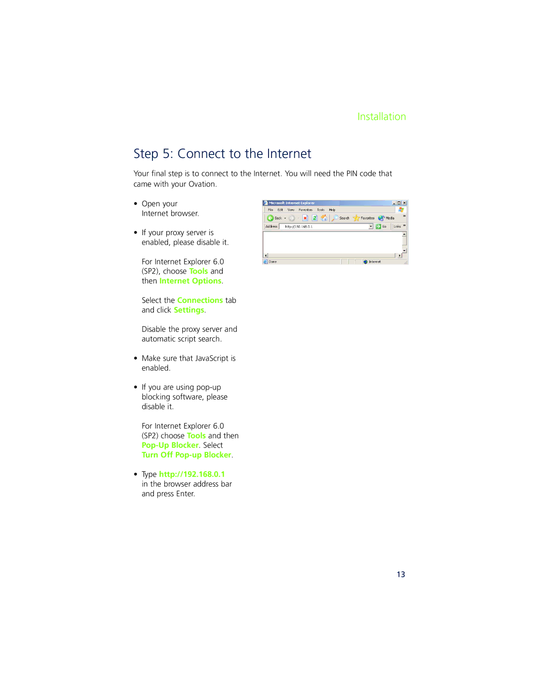 Ovation Software Ovation user manual Connect to the Internet, Select the Connections tab and click Settings, Pop 