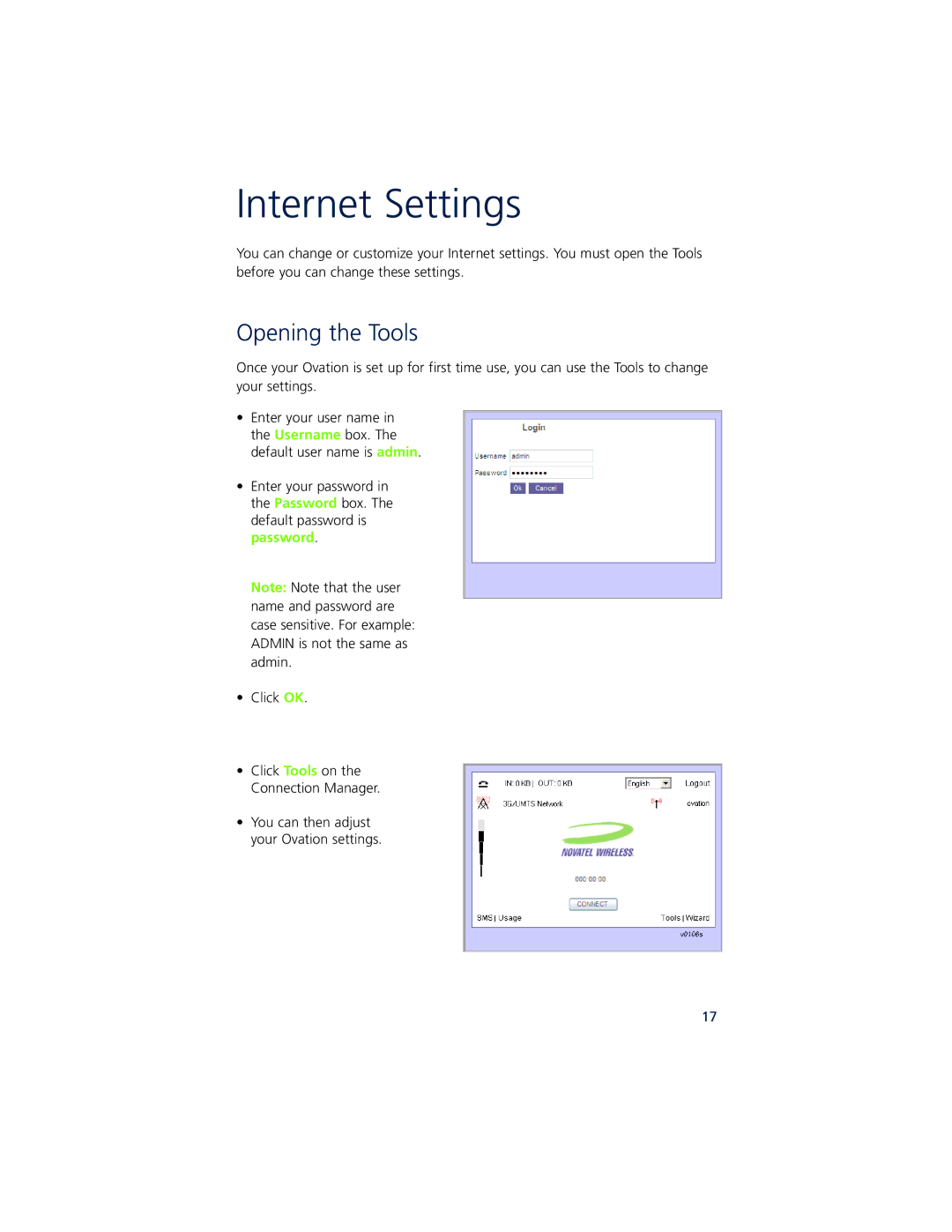 Ovation Software Ovation user manual Internet Settings, Opening the Tools 