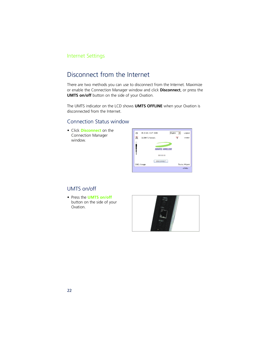 Ovation Software Ovation user manual Disconnect from the Internet, Click Disconnect on the Connection Manager window 