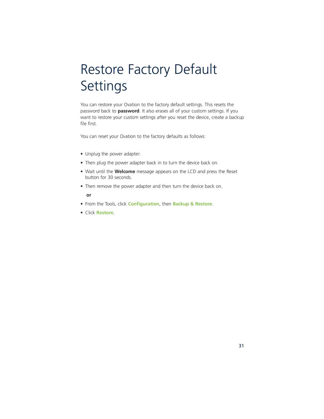 Ovation Software Ovation user manual Restore Factory Default Settings 