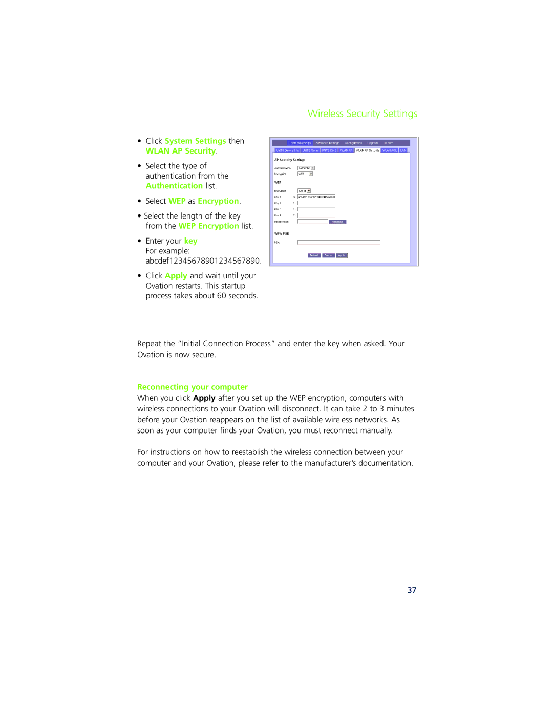 Ovation Software Ovation Click System Settings then Wlan AP Security, Select WEP as Encryption, Reconnecting your computer 