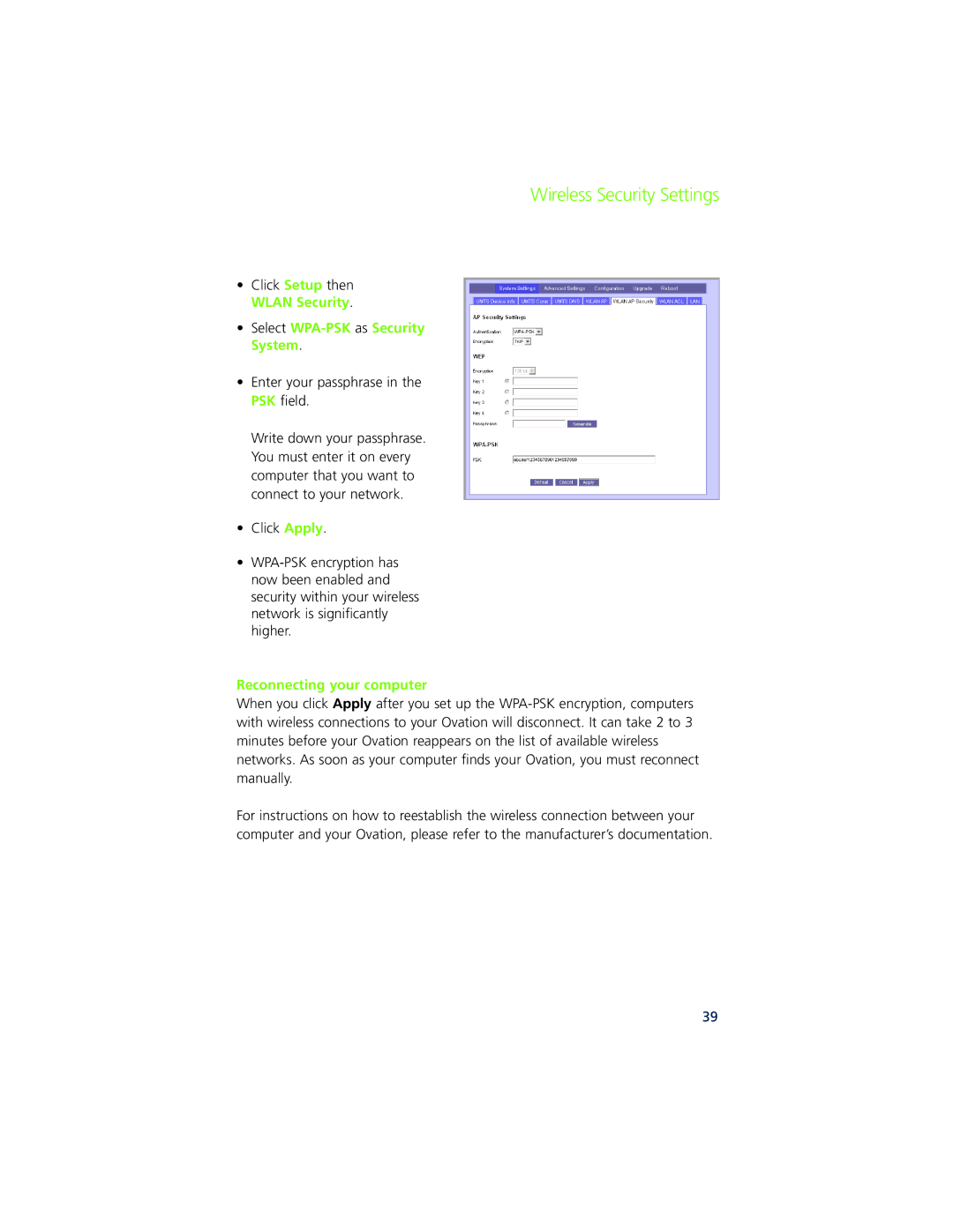 Ovation Software Ovation user manual Select WPA, Enter your passphrase in the PSK field 