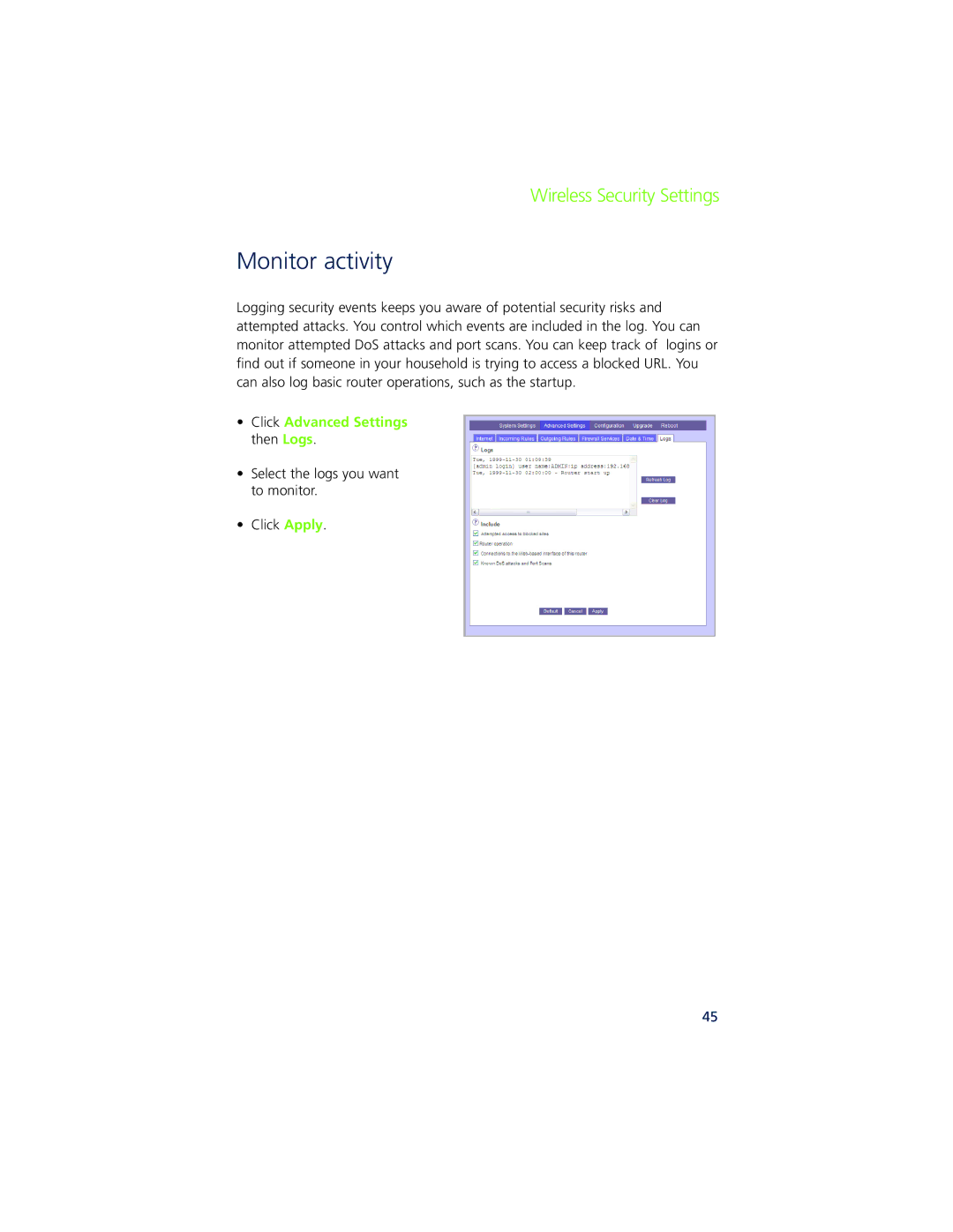 Ovation Software Ovation user manual Monitor activity, Click Advanced Settings then Logs 